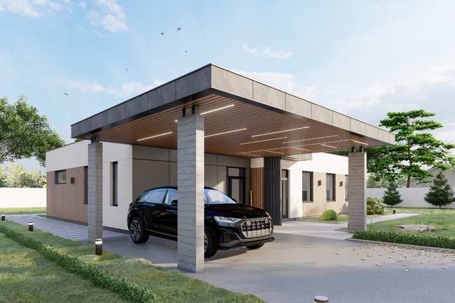 Современный одноэтажный дом с навесом Flat House