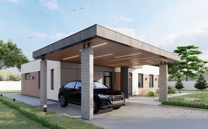 Современный одноэтажный дом с навесом Flat House